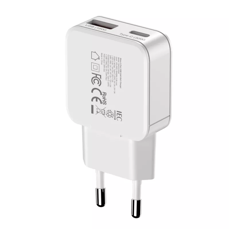 Gizzu 2-Port 30W GaN Ładowarka ścienna USB-C PD + USB-A QC Biała