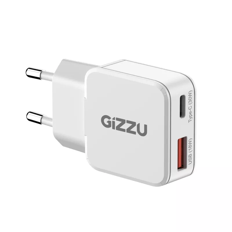 Gizzu 2-Port 30W GaN Ładowarka ścienna USB-C PD + USB-A QC Biała