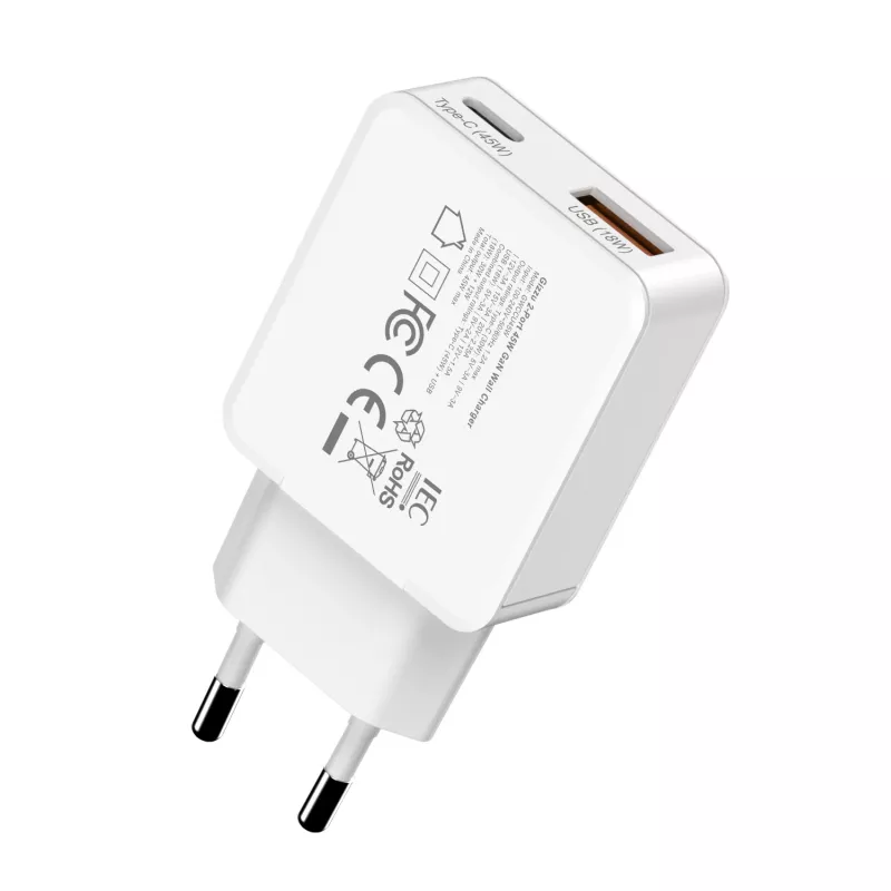Gizzu 2-Port 45W GaN ładowarka ścienna USB-C PD i USB-A QC Biała