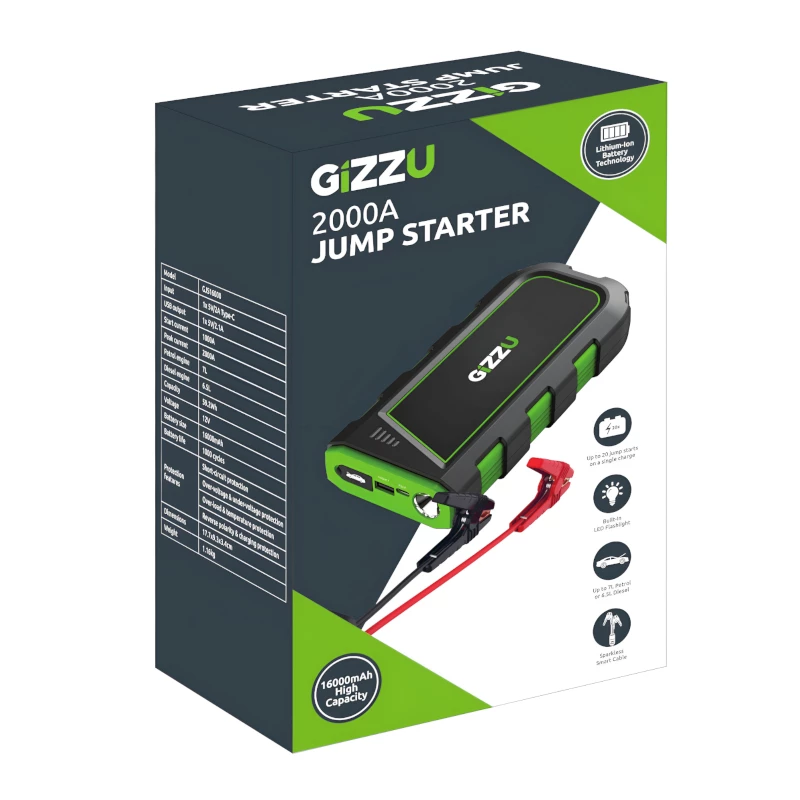 GIZZU 2000A Rozrusznik awaryjny 16000mAh - Czarny
