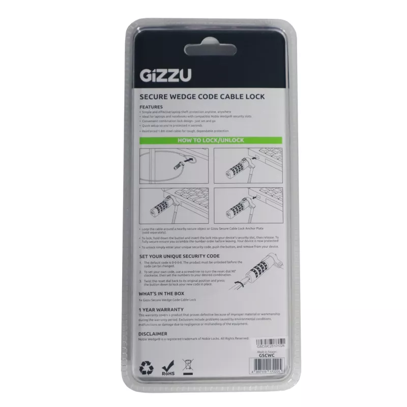 Gizzu Secure Wedge Code Cable Lock 1,8 m