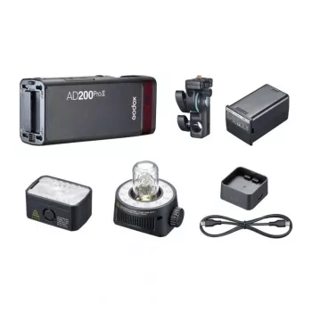 Godox AD200Pro II Zestaw Lampy Błyskowej Pocket Flash z Głowicą Bare Bulb i Fresnel, 200Ws, TTL/HSS, System 2.4GHz X