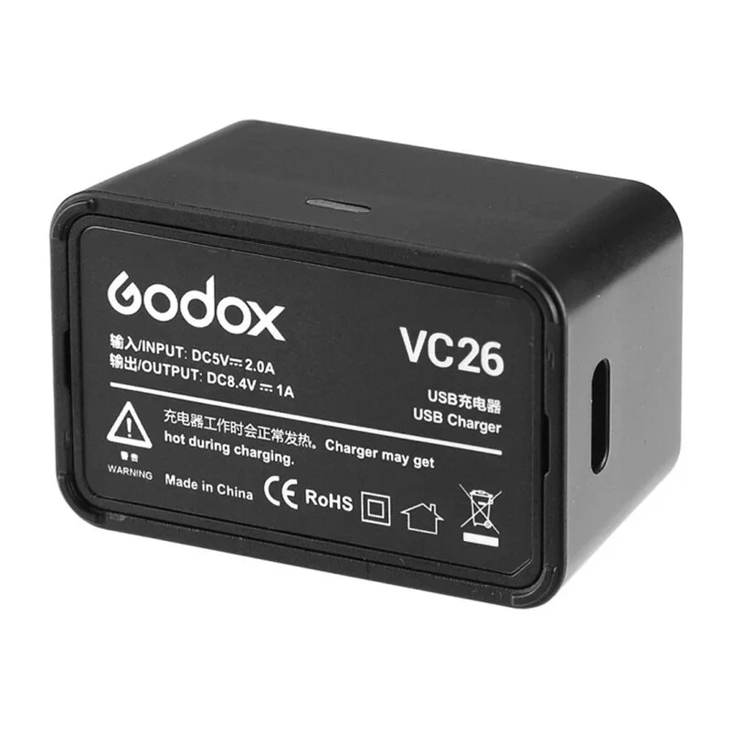 Godox VC26 Ładowarka USB-C do baterii lamp błyskowych V1 i V860III – Wejście 5V/2A, Wyjście 8.4V/1A, Wskaźnik LED, W zestawie kabel USB-A na USB-C