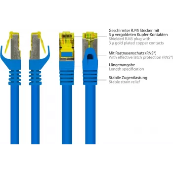 Kabel krosowy GoodConnections Cat.7 S/FTP RJ45, 15m, niebieski, bezhalogenowy, 600MHz, ochrona zatrzasku 8070R-150B