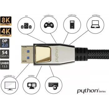 Kabel GoodConnections PREMIUM DisplayPort 2.0, 54 Gbit/s, UHBR 13.5, 4K @240Hz / 8K @60Hz, metalowe złącza, miedź (DP20-PY020)