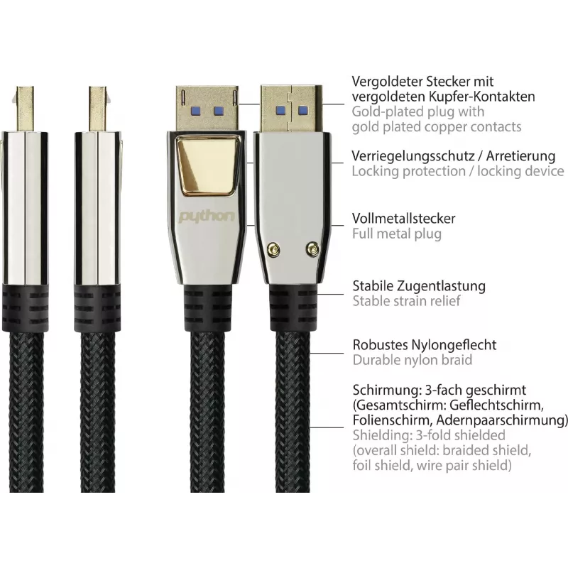 Kabel GoodConnections PREMIUM DisplayPort 2.0, 54 Gbit/s, UHBR 13.5, 4K @240Hz / 8K @60Hz, metalowe złącza, miedź (DP20-PY020)
