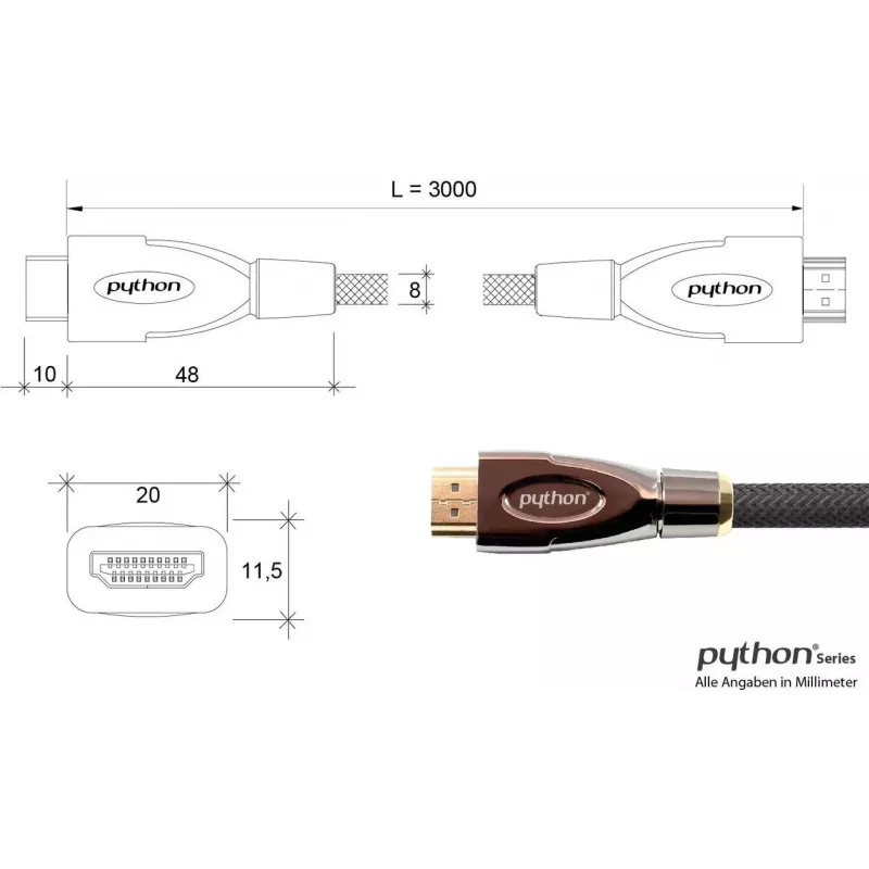 Kabel HDMI GoodConnections PYTHON Series High-Speed z Ethernet, 4K UHD 60Hz, 18Gbps, pozłacane złącza, nylonowy oplot, 3m, czarny (GC-M0018)