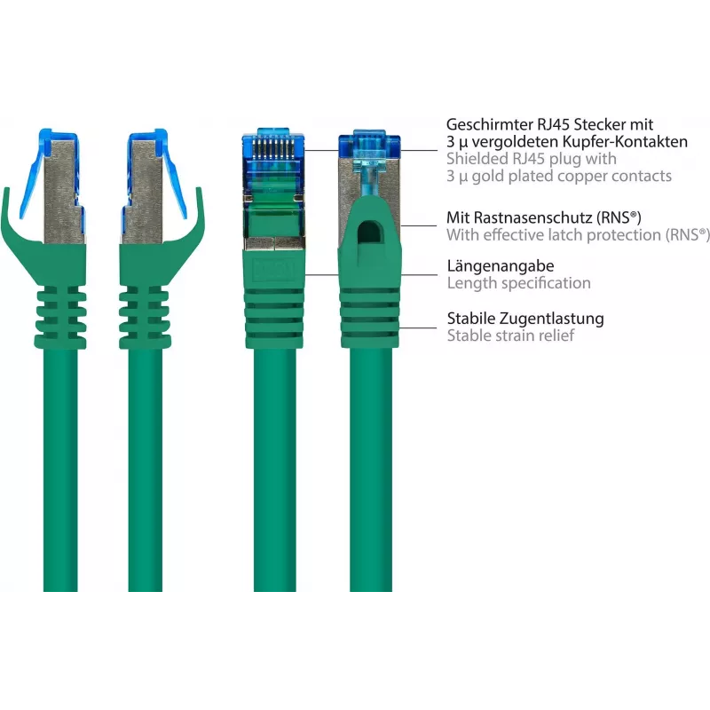 GoodConnections RNS® Cat. 6A S/FTP Przewód krosowy bezhalogenowy z zabezpieczeniem zatrzasku, 3 m, zielony