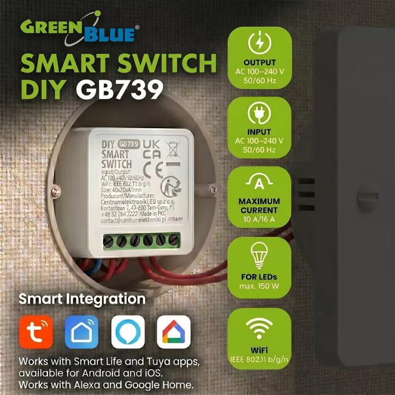 GREENBLUE Podtynkowy przekaźnik sterowany Wi-Fi GB739