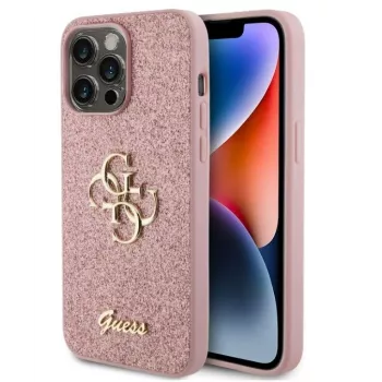 GUESS Apple iPhone 15 Pro Max Stałe Brokatowe Etui 4G z Metalowym Logo Różowe