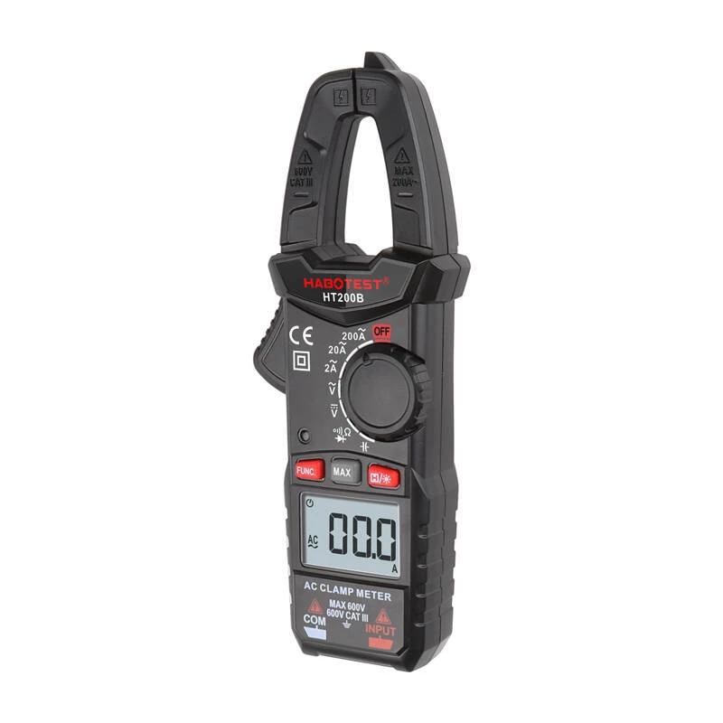 Habotest HT200B Cyfrowy miernik cęgowy, True RMS 6000 zliczeń, NCV, napięcie AC/DC, prąd AC do 600A, pomiar pojemności, częstotliwości i temperatury
