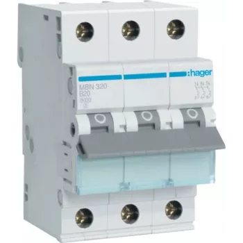 Hager MBN320 3-biegunowy wyłącznik nadprądowy 20 A, charakterystyka B, 6 kA, 3 moduły