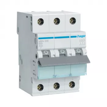Hager MBN320 3-biegunowy wyłącznik nadprądowy 20 A, charakterystyka B, 6 kA, 3 moduły