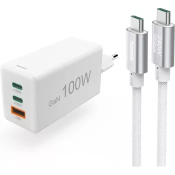 Hama Szybka ładowarka USB-C z kablem USB-C, 100W Power Delivery, 1,5m, biała 00200027