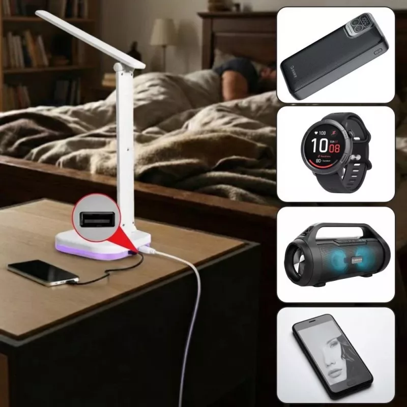 Hawk HWDL001WH LED Lampa biurkowa Biała, 7W Dotykowy Ściemniacz, 3 Temperatury Barwowe, Port ładowania USB