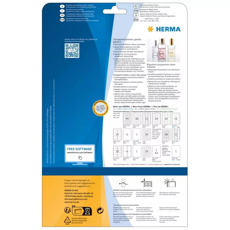 HERMA 8016 Krystalicznie przezroczyste błyszczące etykiety poliestrowe A4 45,7 x 21,2 mm 1200 etykiet