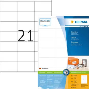 HERMA Premium 4634 Trwałe Samoprzylepne Matowe Laminowane Etykiety Papierowe, Białe, 70 x 41 mm, 4200 Etykiet (200 Arkuszy x 21)