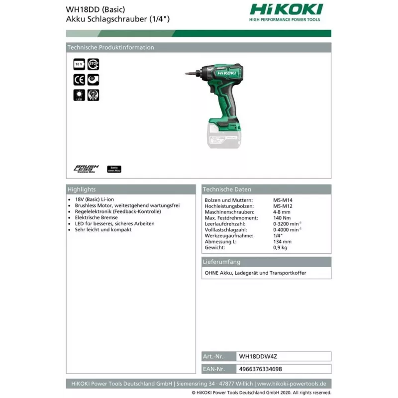 HIKOKI WH18DD 18V Akumulatorowy Klucz Udarowy, 0-3200 RPM, 0-400 IPM