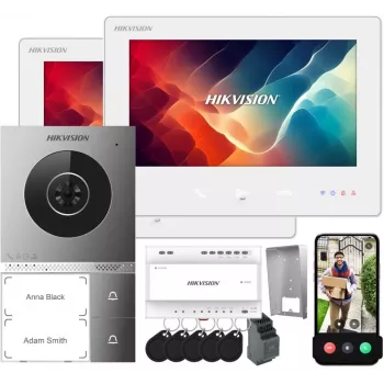 Zestaw wideodomofonu IP Hikvision DS-KIS705EY/2Monitors z 2 panelami wewnętrznymi, 2 MP panelem zewnętrznym, 7-calowym ekranem dotykowym, Wi-Fi, PoE