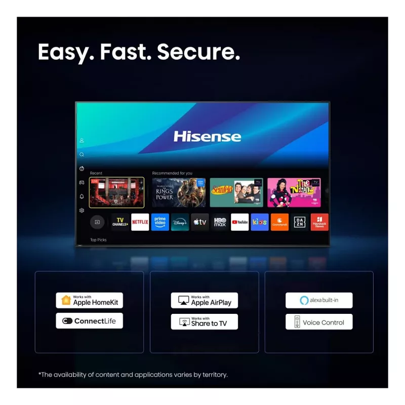 HISENSE 75 cali 4K Ultra HD Smart TV (DLED, VIDAA U5.0, HDR10, Dolby Vision, 60Hz, 8ms, 3 HDMI, 2 USB, LAN, Wi-Fi, Bluetooth, VESA 400x400, 25.5kg)