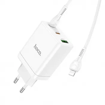 HOCO 35W Dual USB-C + USB-A PD & QC3.0 Ładowarka ścienna z kablem USB-C do Lightning, Biała