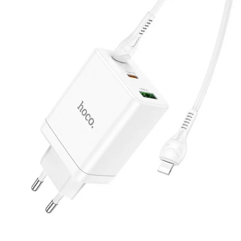 HOCO 35W Dual USB-C + USB-A PD & QC3.0 Ładowarka ścienna z kablem USB-C do Lightning, Biała