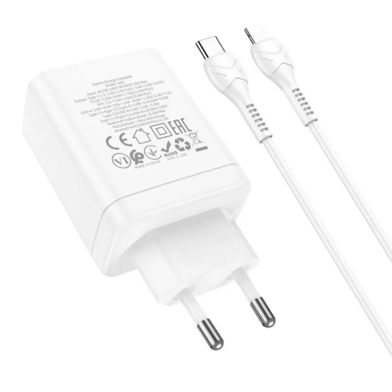 HOCO 35W Dual USB-C + USB-A PD & QC3.0 Ładowarka ścienna z kablem USB-C do Lightning, Biała