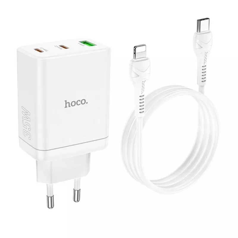 HOCO 35W Dual USB-C + USB-A PD & QC3.0 Ładowarka ścienna z kablem USB-C do Lightning, Biała