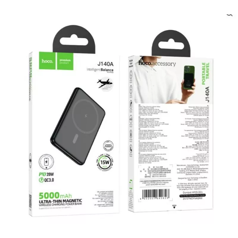 Hoco J140A Tony PD20W Ultra-cienki magnetyczny power bank (5000mAh) Czarny