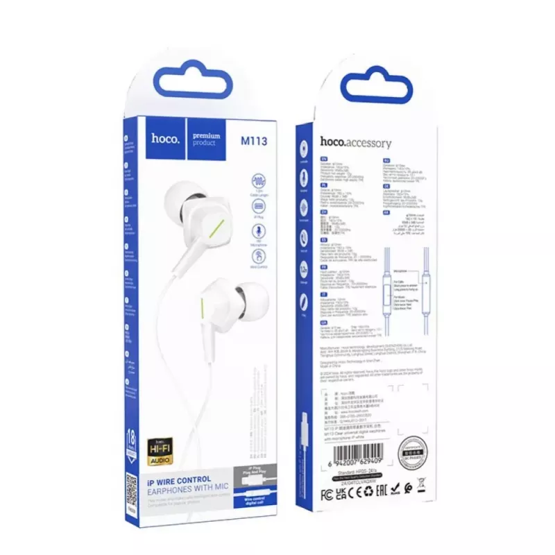 Hoco M113 Clear Uniwersalne Cyfrowe Słuchawki z Mikrofonem do Apple Lightning, Biały