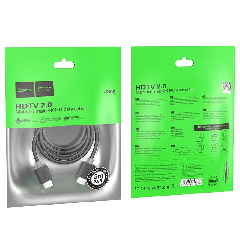 Hoco US08 HDMI 2.0 Cable 3m Black 4K HDR Gold-Plated