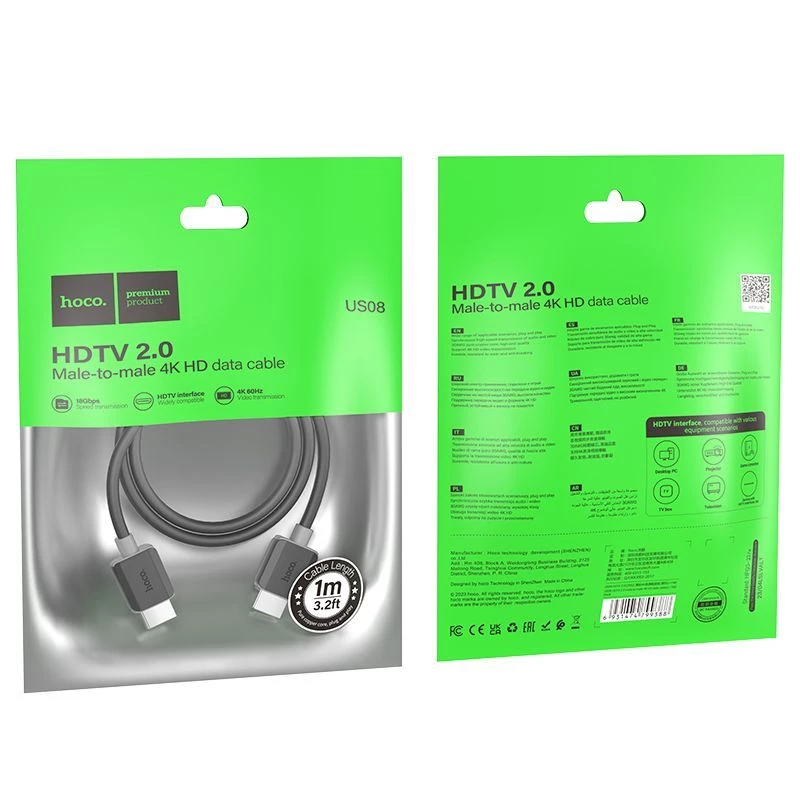 Hoco US08 HDTV 2.0 Male-to-Male 4K HD Data Cable (1m) Black