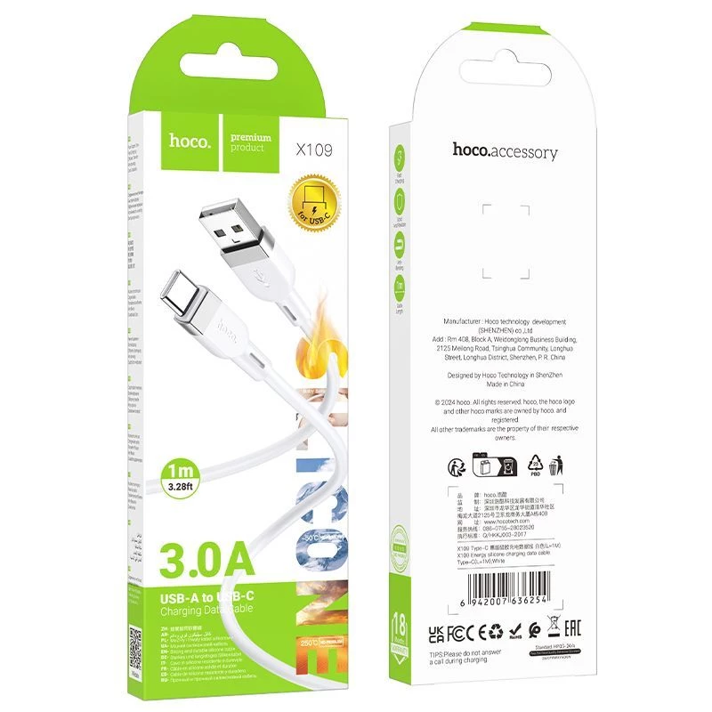 Hoco X109 Energy Silikonowy Kabel Ładowania i Danych USB-C (Dł. 1m) Biały