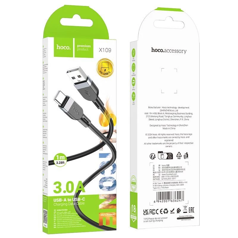 Hoco X109 Energy Silicone Charging Data Cable USB-A do USB-C 1m Czarny