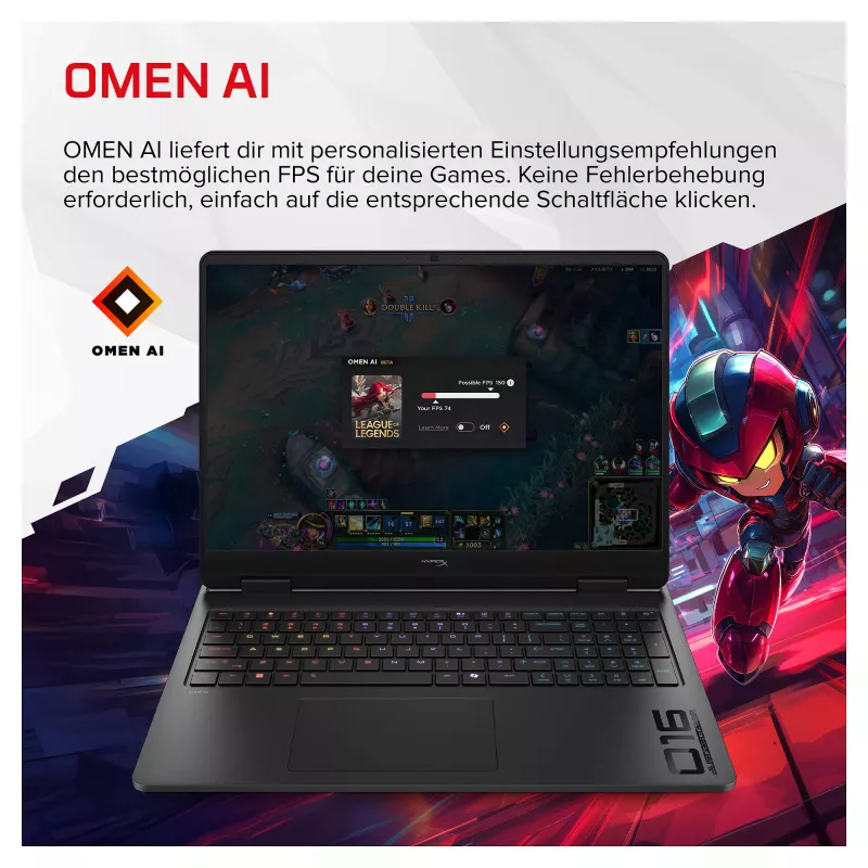 HP HyperX OMEN 16-ap1492ng Laptop do gier, 16,1 cala QHD 165Hz, AMD Ryzen 9 8940HX, 24GB DDR5, 512GB SSD, RTX 5070 8GB, Windows 11 Home, klawiatura niemiecka
