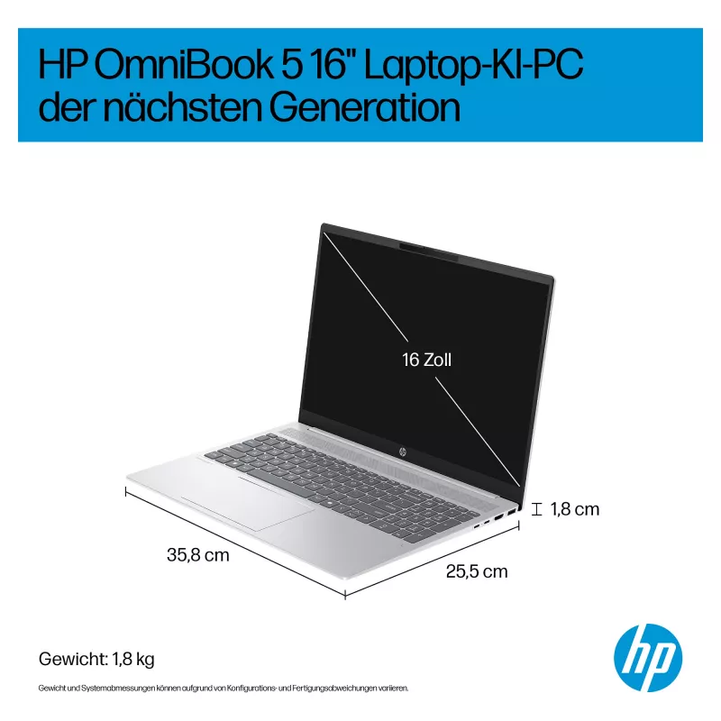 HP OmniBook 5 16-ag1451ngx AMD Ryzen AI 5 330 16GB 512GB SSD W11 Home 16 cali WUXGA Laptop (Natural Silver, niemiecki QWERTZ)
