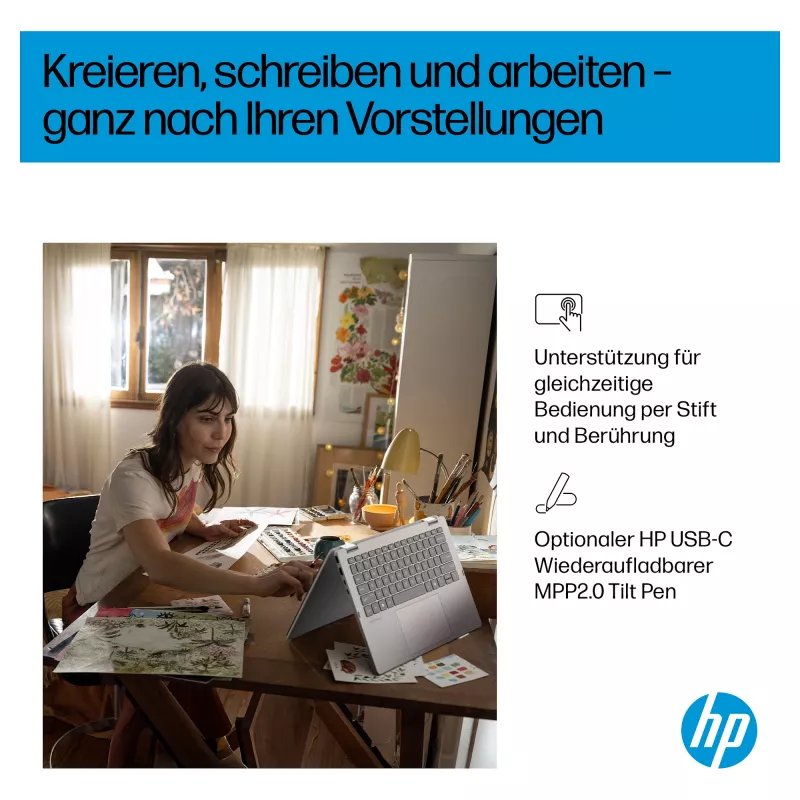 HP OmniBook 5 Flip 14-fp0470ngx 2-w-1 laptop, 14-calowy dotykowy FHD, Intel Core 7 150U, 16GB RAM, 512GB SSD, Windows 11 Home, Natural Silver, klawiatura niemiecka