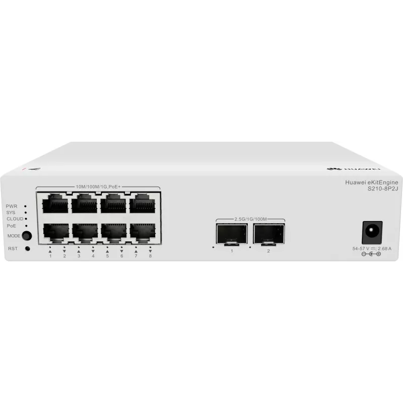 Zarządzalny switch L2 Huawei S210-8P2J z 8 portami Gigabit PoE+ i 2 portami uplink SFP, budżet PoE 128W 98012922-001