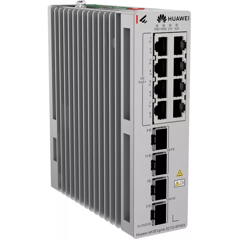 HUAWEI S210I-8P4SX Przemysłowy Przełącznik Ethernet, 8x GE PoE+ miedziane, 2x GE SFP, 2x 10GE SFP+, szyna DIN, podwójne DC 98012933