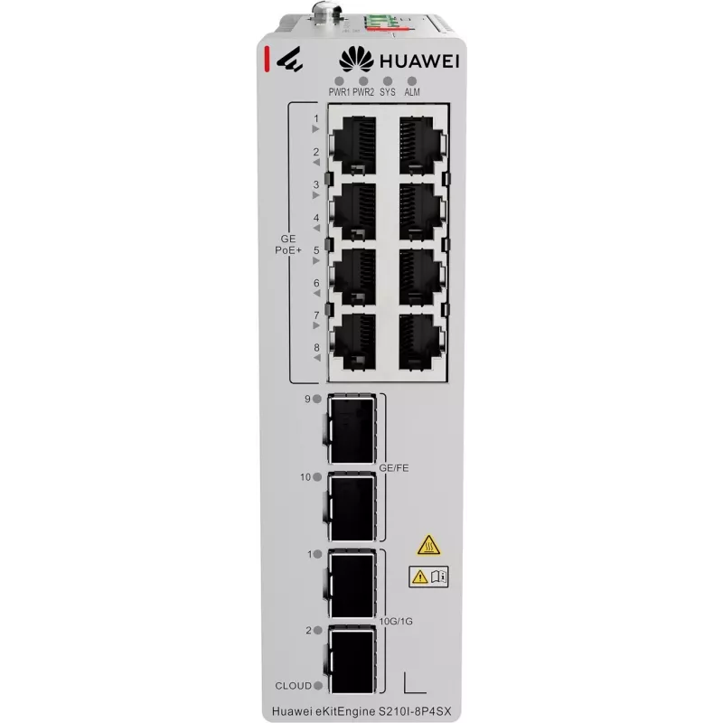 HUAWEI S210I-8P4SX Przemysłowy Przełącznik Ethernet, 8x GE PoE+ miedziane, 2x GE SFP, 2x 10GE SFP+, szyna DIN, podwójne DC 98012933