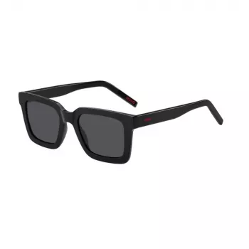 HUGO HG1259S807IR Męskie okulary przeciwsłoneczne prostokątne, czarna oprawka, szare szkła, UV400, 51mm