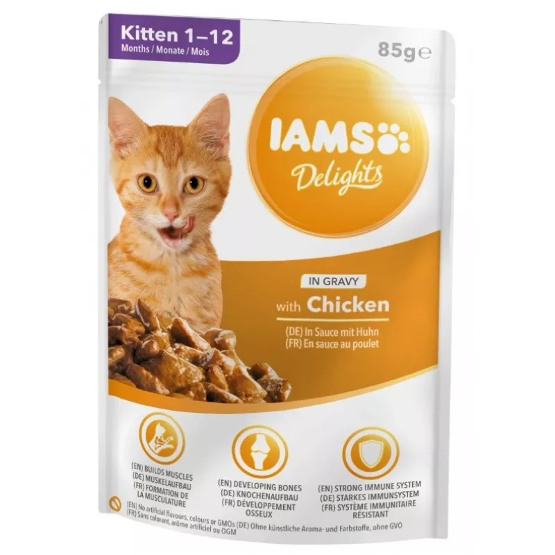 IAMS Delights Kitten Chicken in Gravy Mokra karma dla kociąt, 12 x 85g saszetek