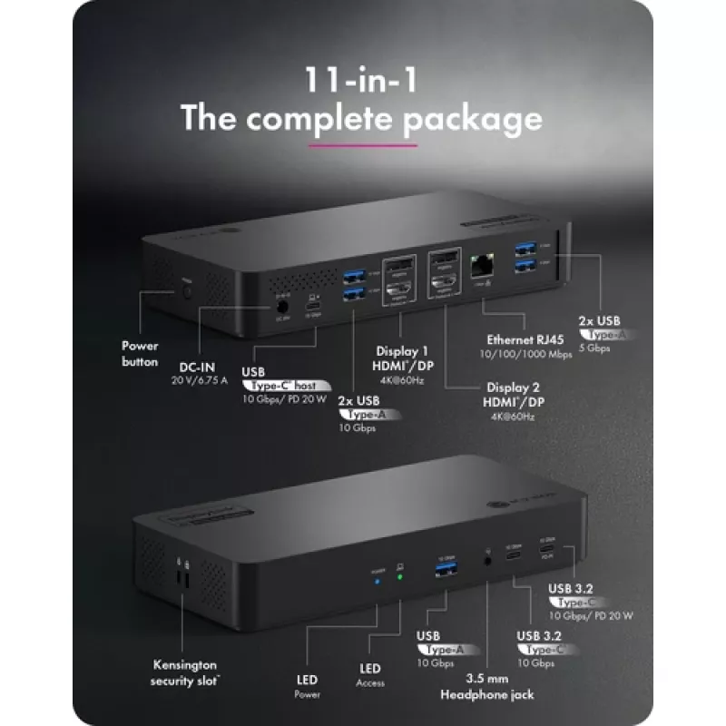 ICY BOX Heart Dock 2255 11-in-1 Docking Station, DisplayLink DL-6950, 2x HDMI/DP 4K@60Hz, 96W Power Delivery, Gigabit LAN, USB-C/A 10Gbps