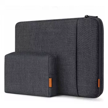 Pokrowiec na laptopa Inateck 16 cali z kieszenią na akcesoria, czarno-szary, wodoodporny poliester, zamek YKK, amortyzacja wstrząsów, odporny na zarysowania, smukła i lekka konstrukcja, kompatybilny z MacBook Pro 16 inch 2021-2023, Dell XPS 15, Surface Laptop