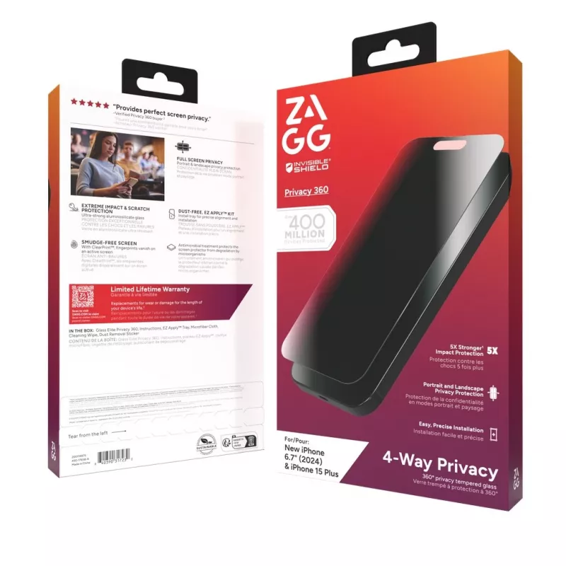 InvisibleShield Glass Elite Privacy 360 Screen Protector do Apple iPhone 16 Plus / 15 Plus