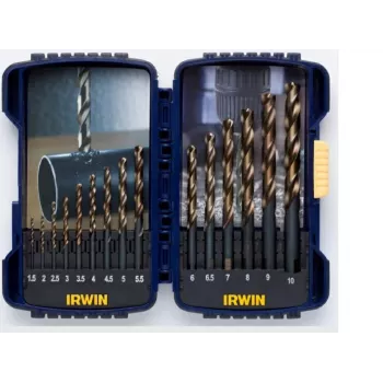IRWIN TURBOMAX PRO 15-częściowy zestaw wierteł krętych HSS, 1,5–10 mm, DIN 338, szpic krzyżowy, metal/drewno/tworzywo sztuczne