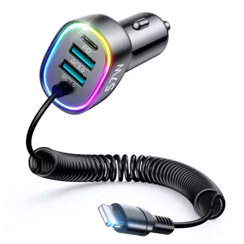 Joyroom 4-in-1 Fast Car Charger PD QC3.0 AFC FCP z kablem Lightning 1.6m 57W Czarny