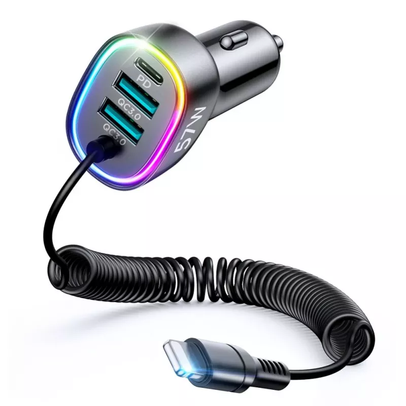 Joyroom 4-in-1 Fast Car Charger PD QC3.0 AFC FCP z kablem Lightning 1.6m 57W Czarny