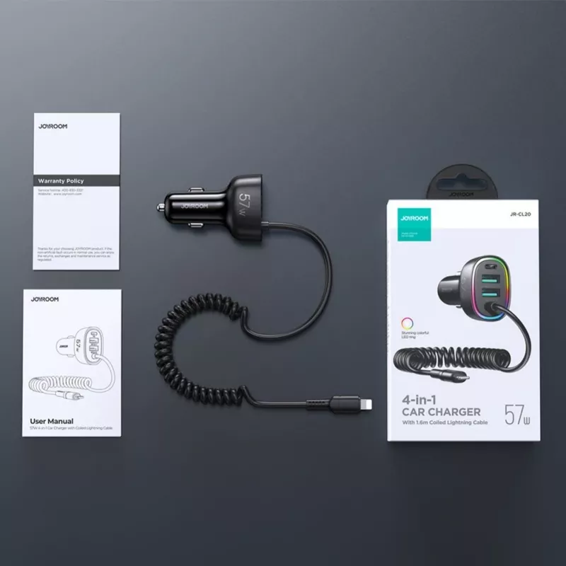 Joyroom 4-in-1 Fast Car Charger PD QC3.0 AFC FCP z kablem Lightning 1.6m 57W Czarny
