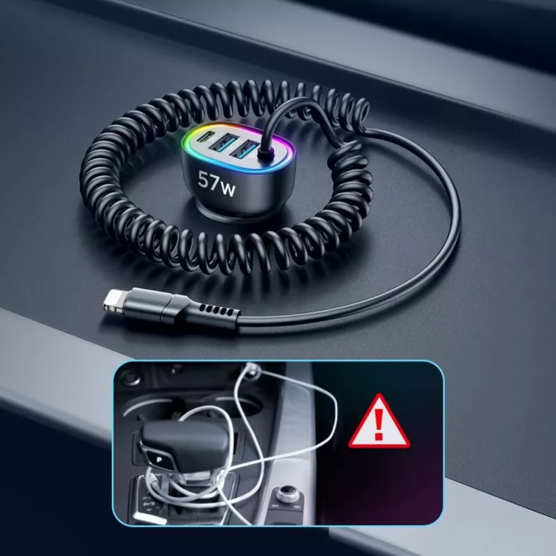 Joyroom 4-in-1 Fast Car Charger PD QC3.0 AFC FCP z kablem Lightning 1.6m 57W Czarny
